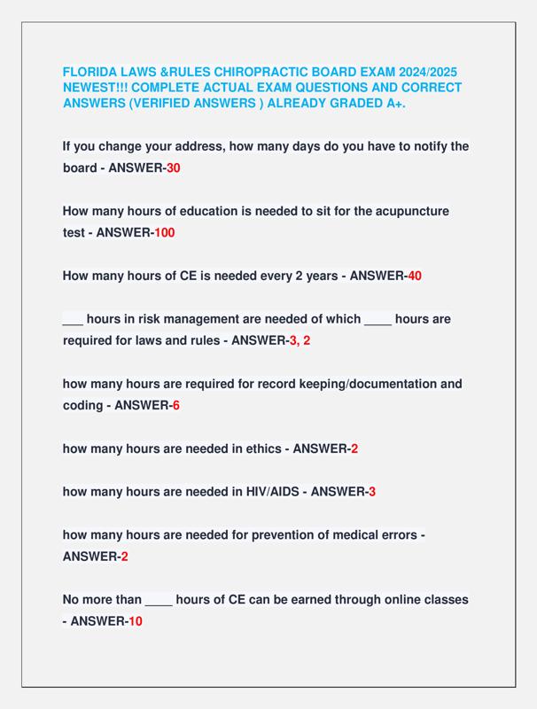 FLORIDA LAWS &RULES CHIROPRACTIC BOARD EXAM 2024/2025 NEWEST