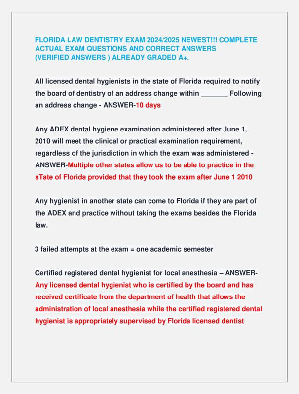 FLORIDA LAW DENTISTRY EXAM 2024/2025 NEWEST!!! COMPLETE ACTUAL EXAM