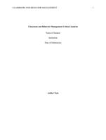 Classroom and Behavior Management Critical Analysis