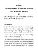 Why We Need Old Age Home? The Significance of Residential Care Facilities for the Elderly in Modern Society