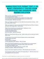 HAWAII PRACTICE PERMIT TEST (1-30) MAINT FREQUENTLY TESTED EXAM QUESTIONS AND ANSWERS 100% PASSED SOLUTION