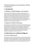 Artificial Intelligence and Automation - Ethical considerations