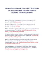 CHEMO CERTIFICATION TEST LATEST 2023 EXAM 100 QUESTIONS AND CORRECT ANSWERS (VERIFIED ANSWERS) |A GRADE