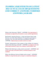 FLORIDA ADJUSTER EXAM LATEST 2023 ACTUAL EXAM 200 QUESTIONS  AND CORRECT ANSWERS (VERIFIED  ANSWERS) |AGRADE