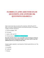 FLORIDA CLAIMS ADJUSTER EXAM  QUESTIONS AND ANSWERS 206  QUESTIONS GRADED A+