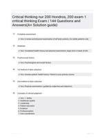 Critical thinking nur 200 Hondros, 200 exam 1 critical thinking Exam | 144  Questions and Answers(A+ Solution guide)