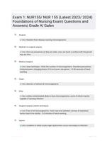 Exam 1: NUR155/ NUR 155 (Latest 2023/ 2024) Foundations of Nursing Exam| Questions and Answers| Grade A| Galen