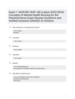 Exam 1: NUR180/ NUR 180 (Latest 2023/2024) Concepts of Mental Health Nursing for the Practical Nurse Exam Review| Questions and Verified Answers| GRADED A| Hondros