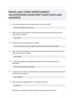 MARYLAND HOME IMPROVEMENT SALESPERSON EXAM PREP QUESTIONS AND ANSWERS