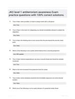 JKO level 1 antiterrorism awareness Exam practice questions with 100% correct solutions.