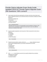 Florida Claims Adjuster Exam Study Guide Updated 2023/24: Florida Claims Adjuster Exam 206 Questions 100% correct!!