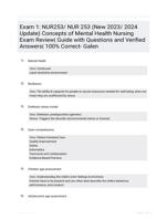 Exam 1: NUR253/ NUR 253 (New 2023/ 2024 Update) Concepts of Mental Health Nursing Exam Review| Guide with Questions and Verified Answers| 100% Correct- Galen 