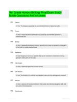 9th Grade Honors Biology Final Exam Study Guide Questions And Answers