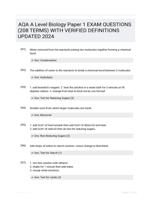 AQA A Level Biology Paper 1 EXAM QUESTIONS (208 TERMS) WITH VERIFIED DEFINITIONS UPDATED 2024