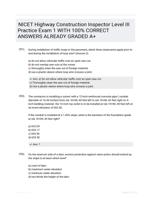 NICET Highway Construction Inspector Level III Practice Exam 1 WITH 100% CORRECT ANSWERS ALREADY GRADED A+