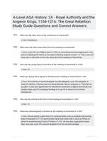 A-Level AQA History: 2A - Royal Authority and the Angevin Kings, 1154-1216: The Great Rebellion Study Guide Questions and Correct Answers