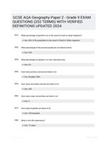 GCSE AQA Geography Paper 2 - Grade 9 EXAM QUESTIONS (252 TERMS) WITH VERIFIED DEFINITIONS UPDATED 2024