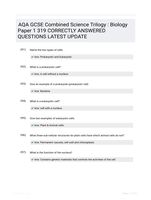 AQA GCSE Combined Science Trilogy : Biology Paper 1 319 CORRECTLY ANSWERED QUESTIONS LATEST UPDATE