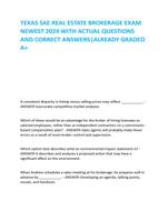 TEXAS SAE REAL ESTATE BROKERAGE EXAM  NEWEST 2024 WITH ACTUAL QUESTIONS  AND CORRECT ANSWERS|ALREADY GRADED  A+