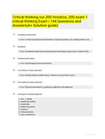 Critical thinking nur 200 Hondros, 200 exam 1 critical thinking Exam | 144  Questions and Answers(A+ Solution guide)