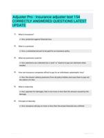 Adjuster Pro - Insurance adjuster test 154 CORRECTLY ANSWERED QUESTIONS LATEST UPDATE