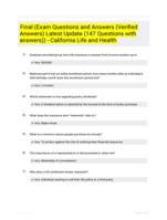 Final (Exam Questions and Answers (Verified Answers) Latest Update  (147 Questions with answers)) - California Life and Health