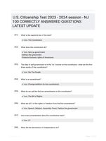 U.S. Citizenship Test 2023 - 2024 session - NJ 100 CORRECTLY ANSWERED QUESTIONS LATEST UPDATE