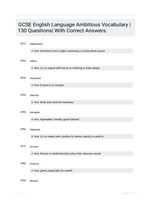 GCSE English Language Ambitious Vocabulary |130 Questions| With Correct Answers.