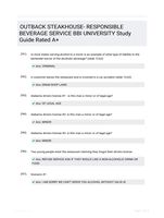 OUTBACK STEAKHOUSE- RESPONSIBLE BEVERAGE SERVICE BBI UNIVERSITY Study Guide Rated A+