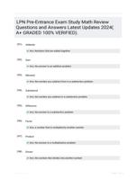 LPN Pre-Entrance Exam Study Math Review Questions and Answers Latest Updates 2024( A+ GRADED 100% VERIFIED).