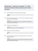 ReadTheory - Helmet Law (Grade 12, 1300L Answers) Study Guide Questions and Correct Answers