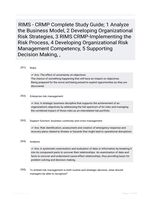 RIMS - CRMP Complete Study Guide; 1 Analyze the Business Model, 2 Developing Organizational Risk Strategies, 3 RIMS CRMP-Implementing the Risk Process, 4 Developing Organizational Risk Management Competency, 5 Supporting Decision Making, ,