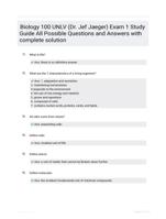 Biology 100 UNLV (Dr. Jef Jaeger) Exam 1 Study Guide All Possible Questions and Answers with complete solution