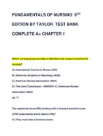 FUNDAMENTALS OF NURSING 9TH EDITION BY TAYLOR TEST BANK  COMPLETE A+ CHAPTER 1