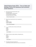 World History Exam 2024 -- True or False and Multiple Choice (63 Questions and Answers) Great Solutions.