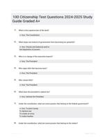 100 Citizenship Test Questions 2024-2025 Study Guide Graded A+