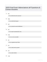 2025 Final Exam Abbreviations -Questions & Correct Answers