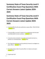 Summary State of Texas Security Level II Certification Exam Prep Questions With Correct Answers Latest Update 2024-2025