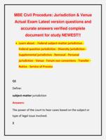 MBE Civil Procedure: Jurisdiction & Venue  Actual Exam Latest version questions and  accurate answers verified